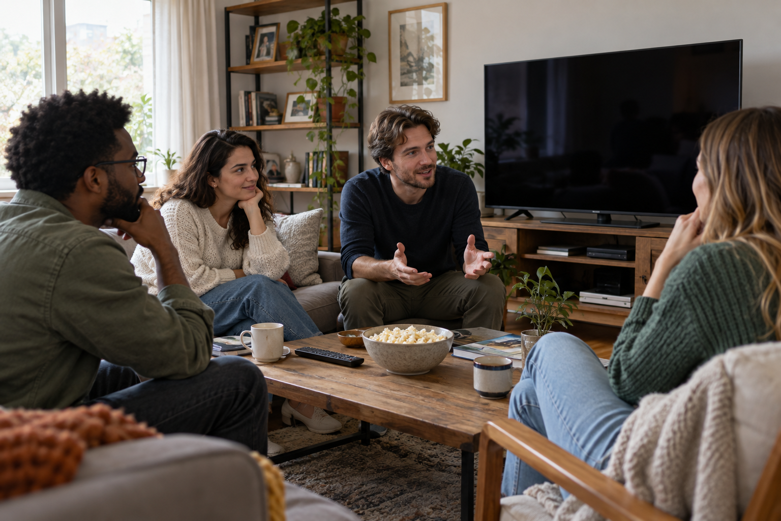 A small group discussing a film in a living room