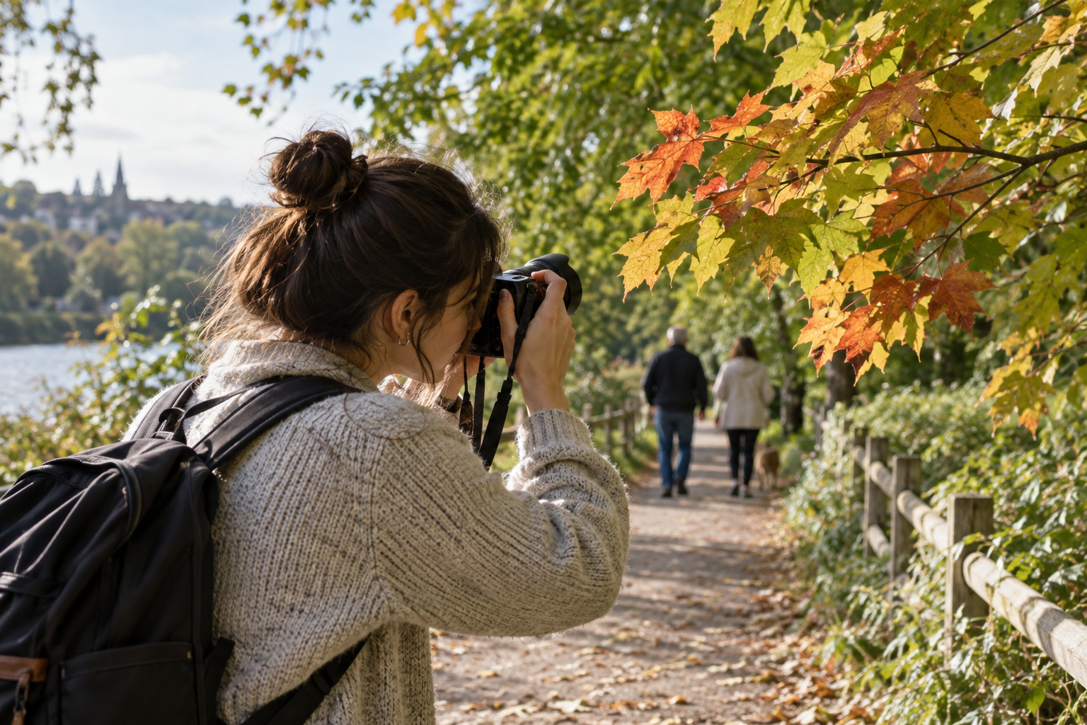 A woman photographing leaves beside a public path