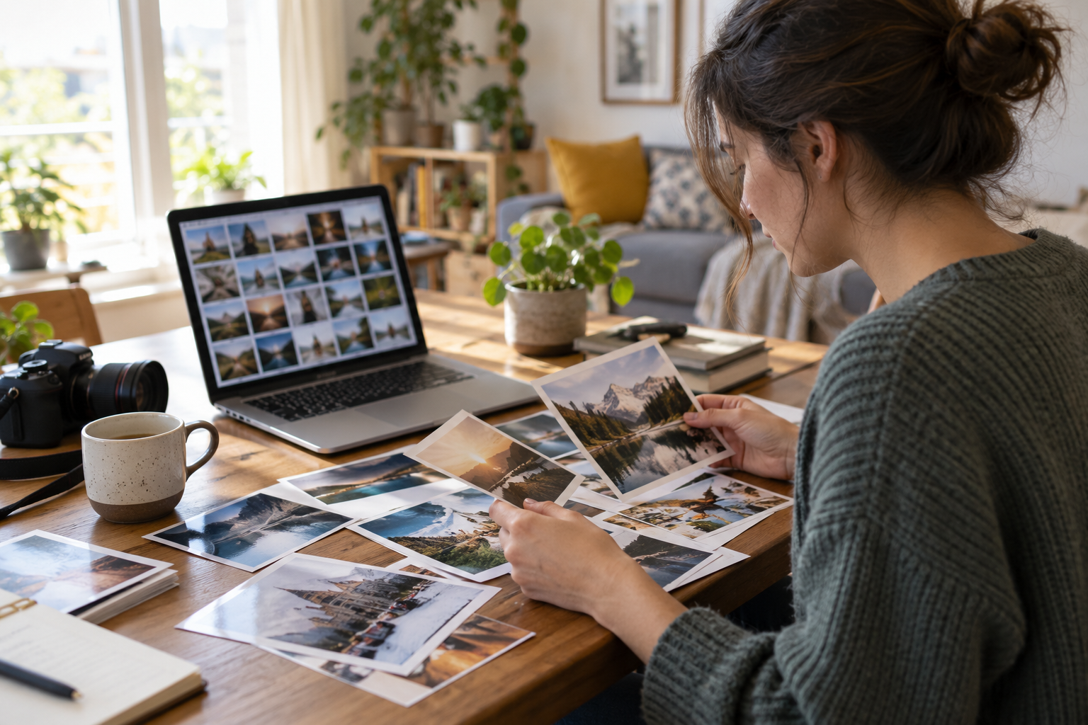 A woman sorting printed photographs beside a laptop at home