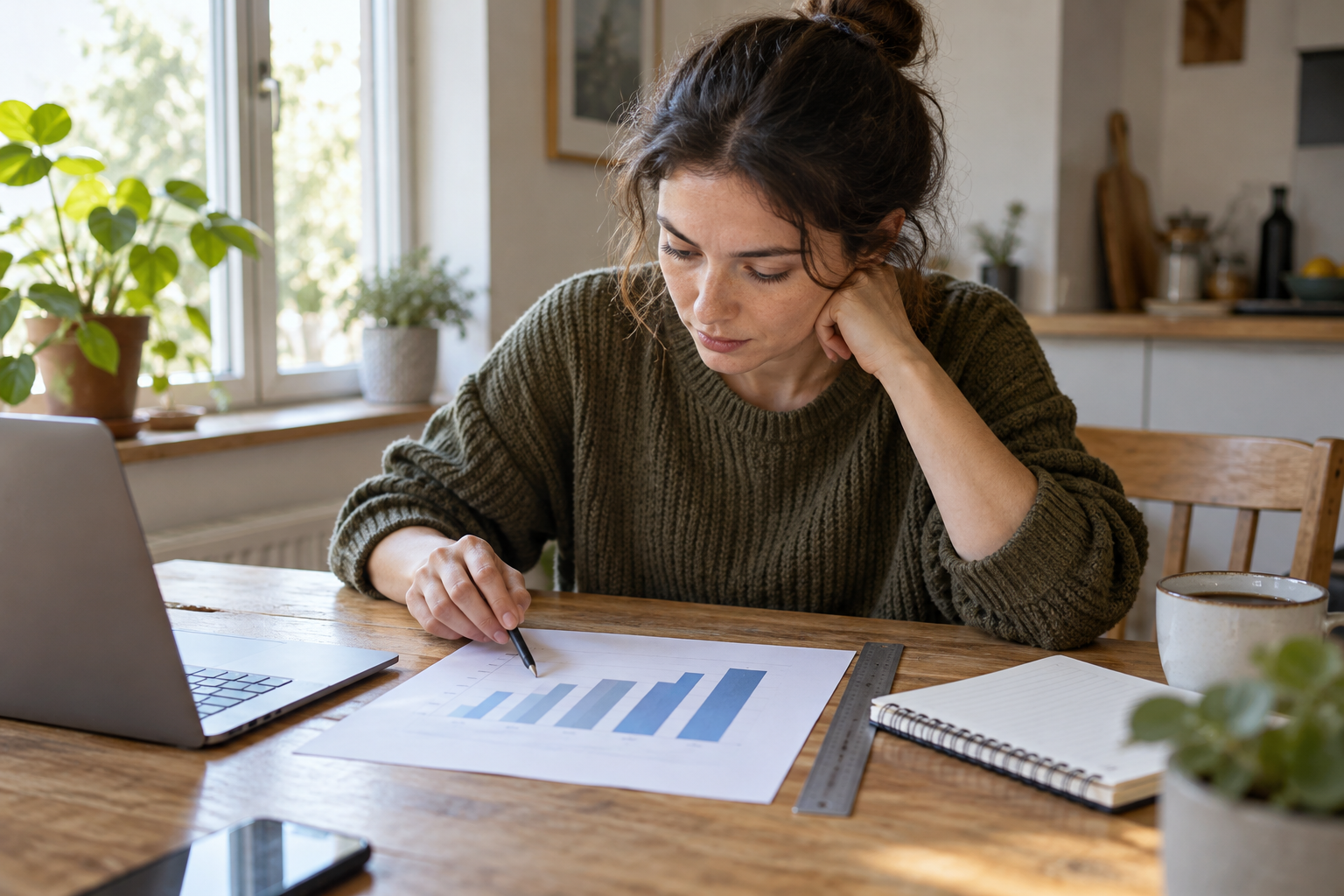 A woman reviewing a printed bar chart with a ruler and notebook