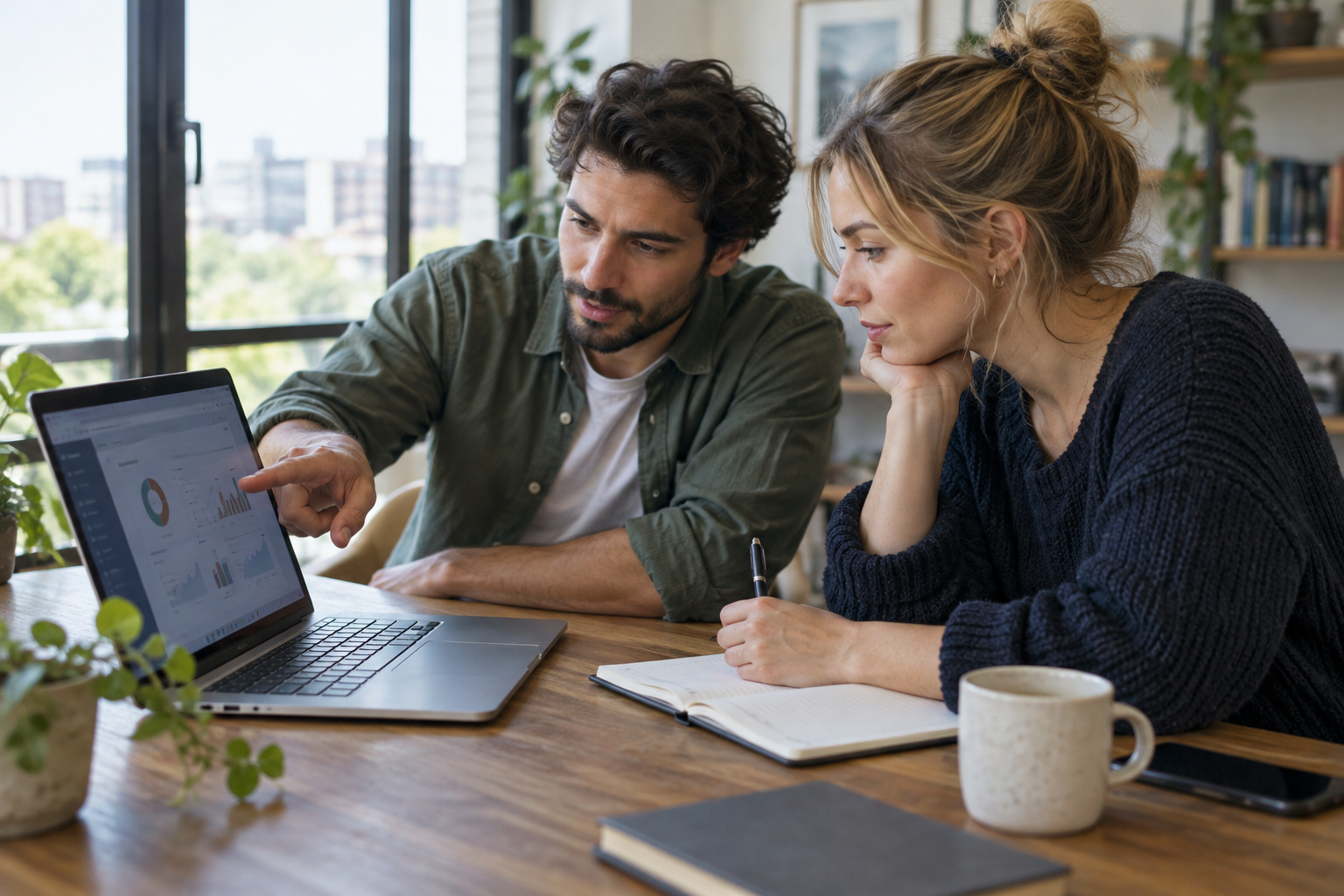 Two colleagues examining a laptop and taking notes