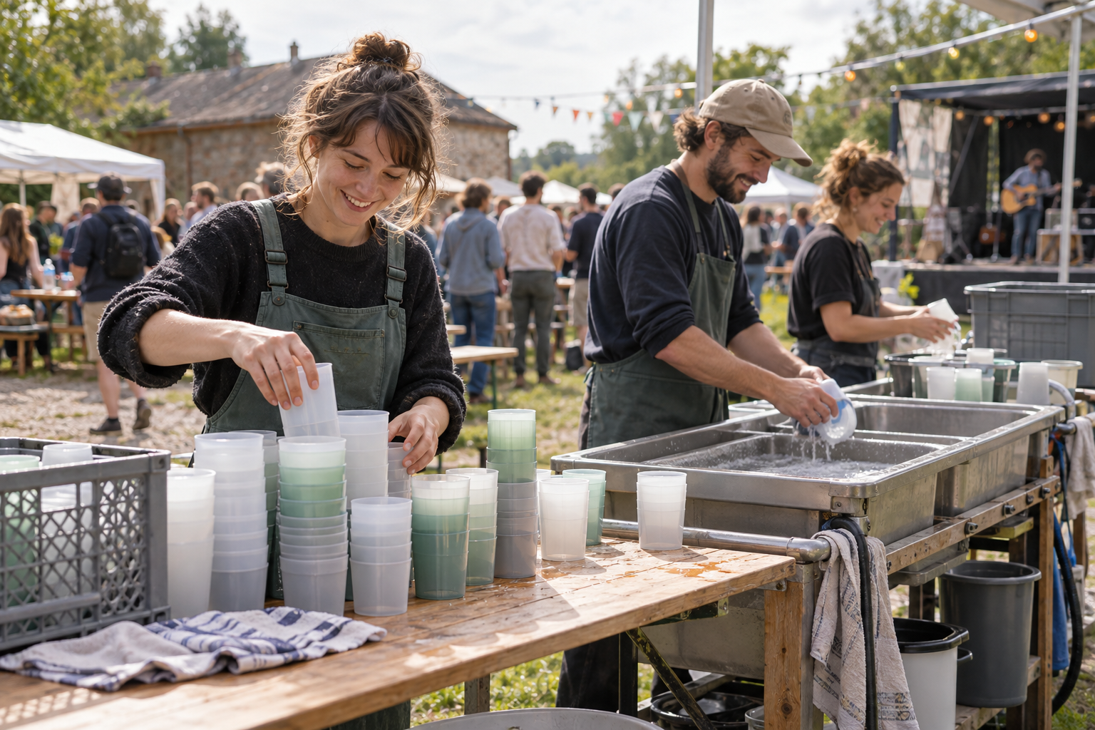 Volunteers sorting reusable cups beside an event washing station