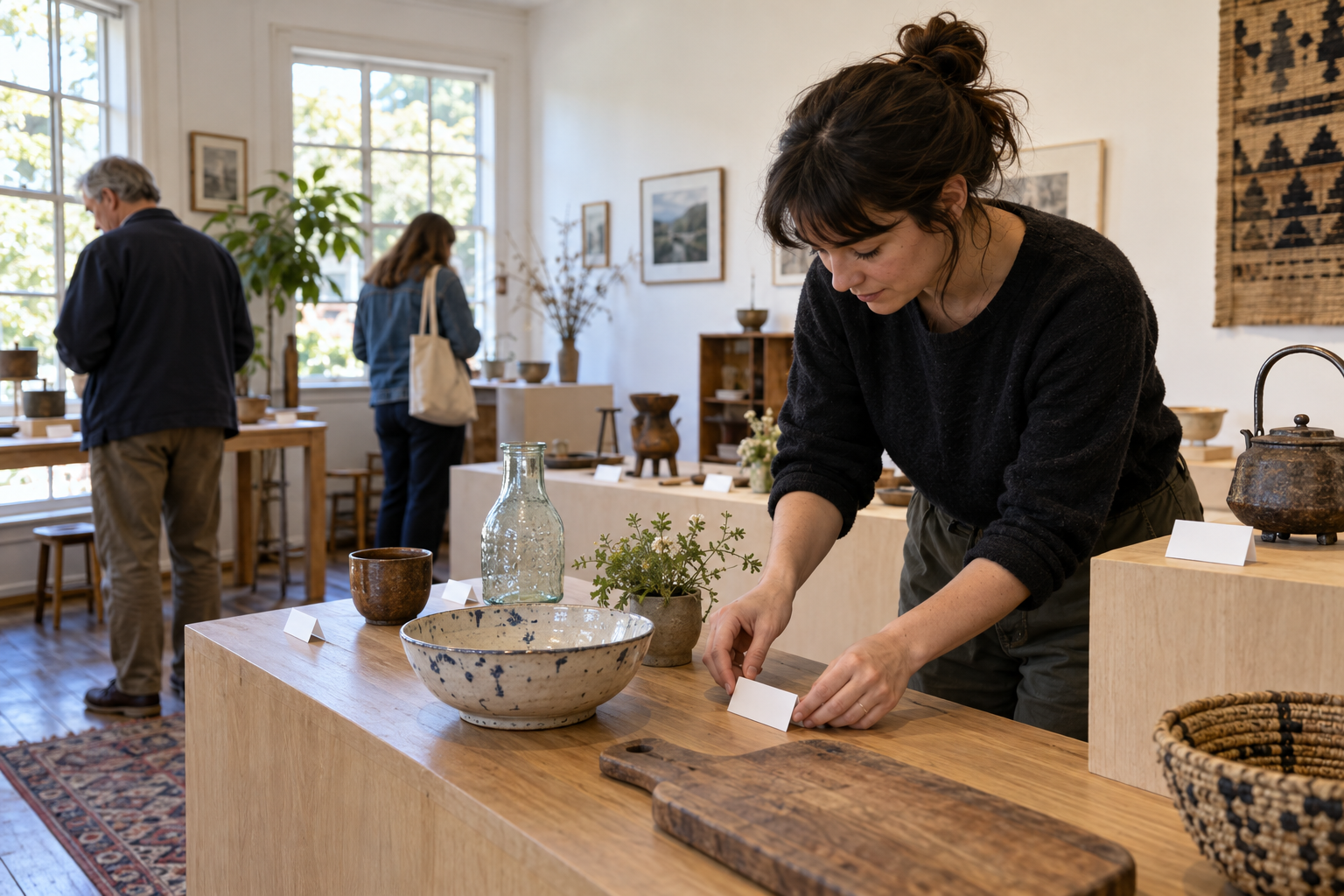 A curator placing a label beside an object in a local exhibition